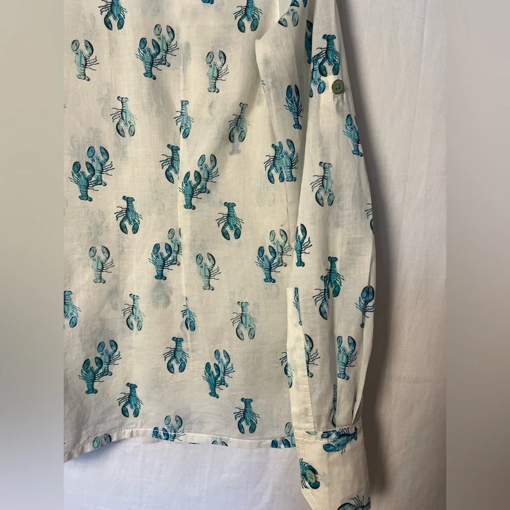 Tory Burch Women’s Brigitte Lobster Print Button Up Shirt - White/Turquoise- 2
